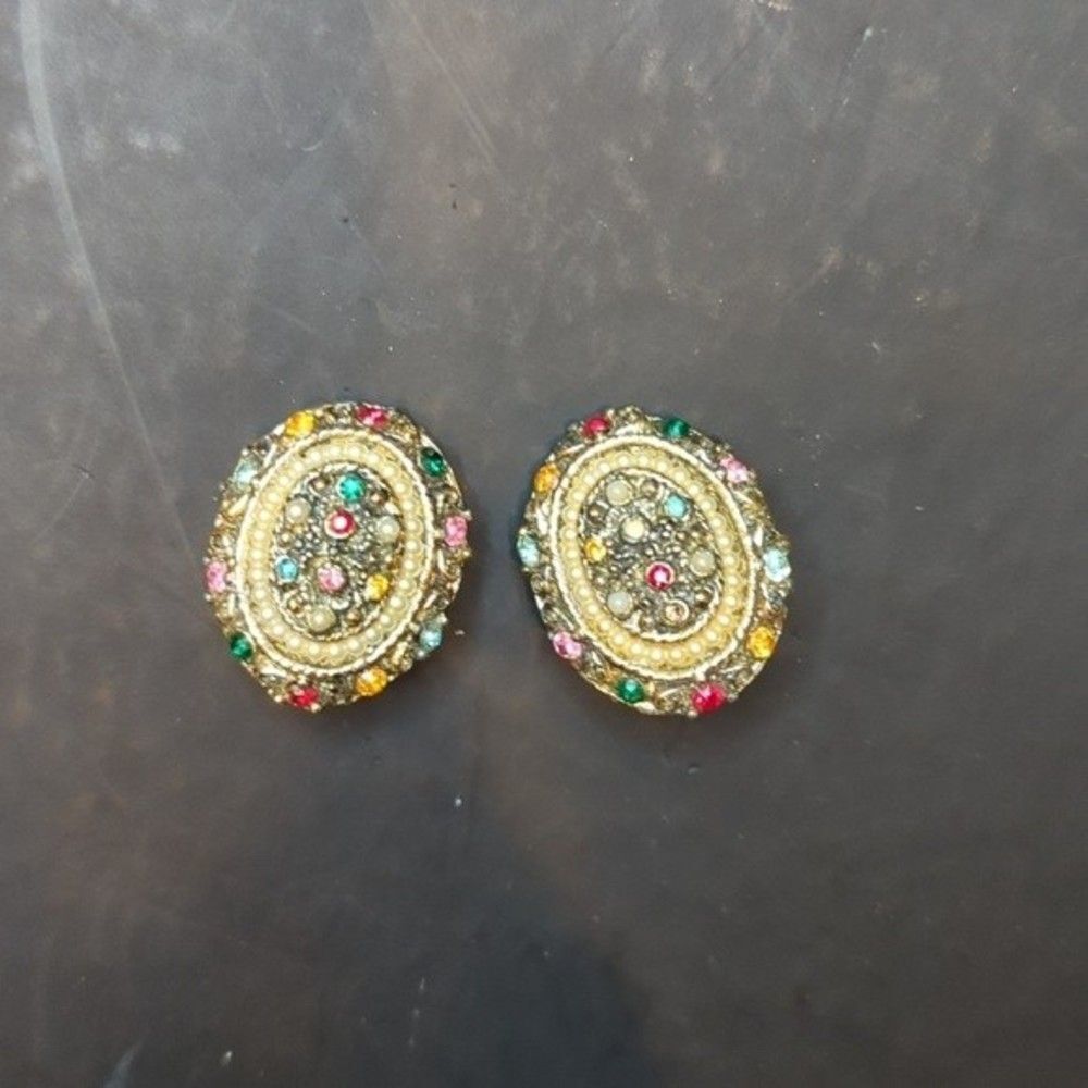 Vintage colorful rhinestone and pearl clip on earrings